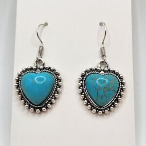 Boho Turquoise Heart Mosaic Drop Earrings - Vintage Southwestern Style